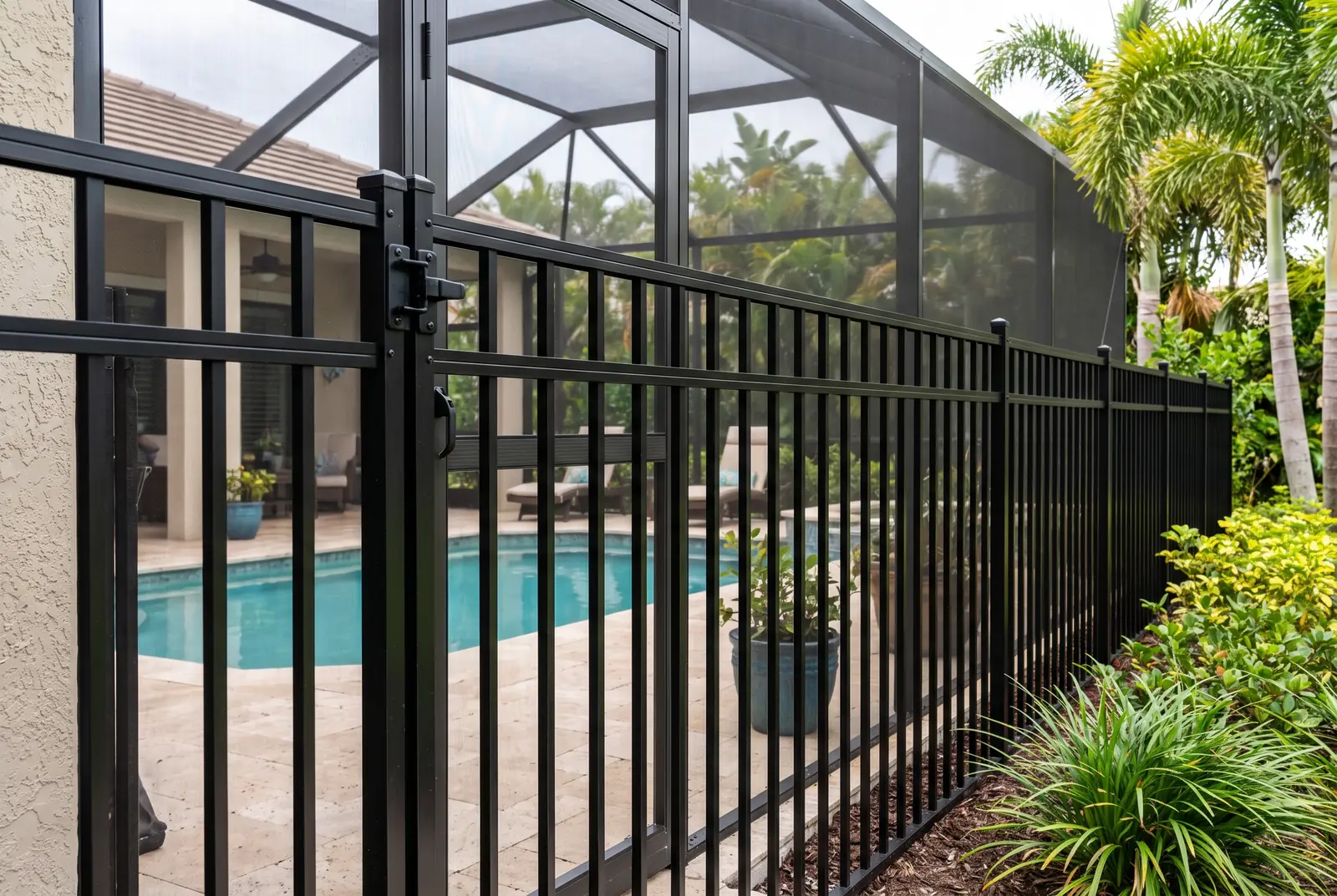 Black aluminium ornamental pool fence at a Florida home