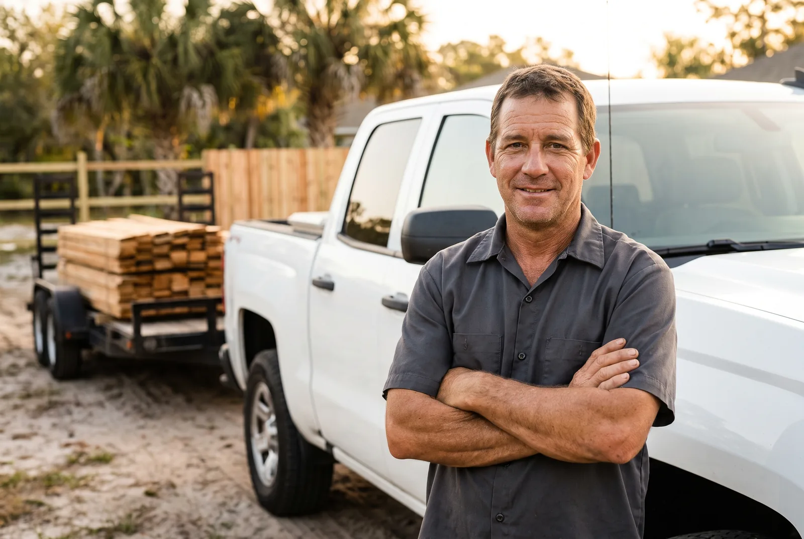 Foothill Fencing's foreman beside the truck and trailer on a Jacksonville job