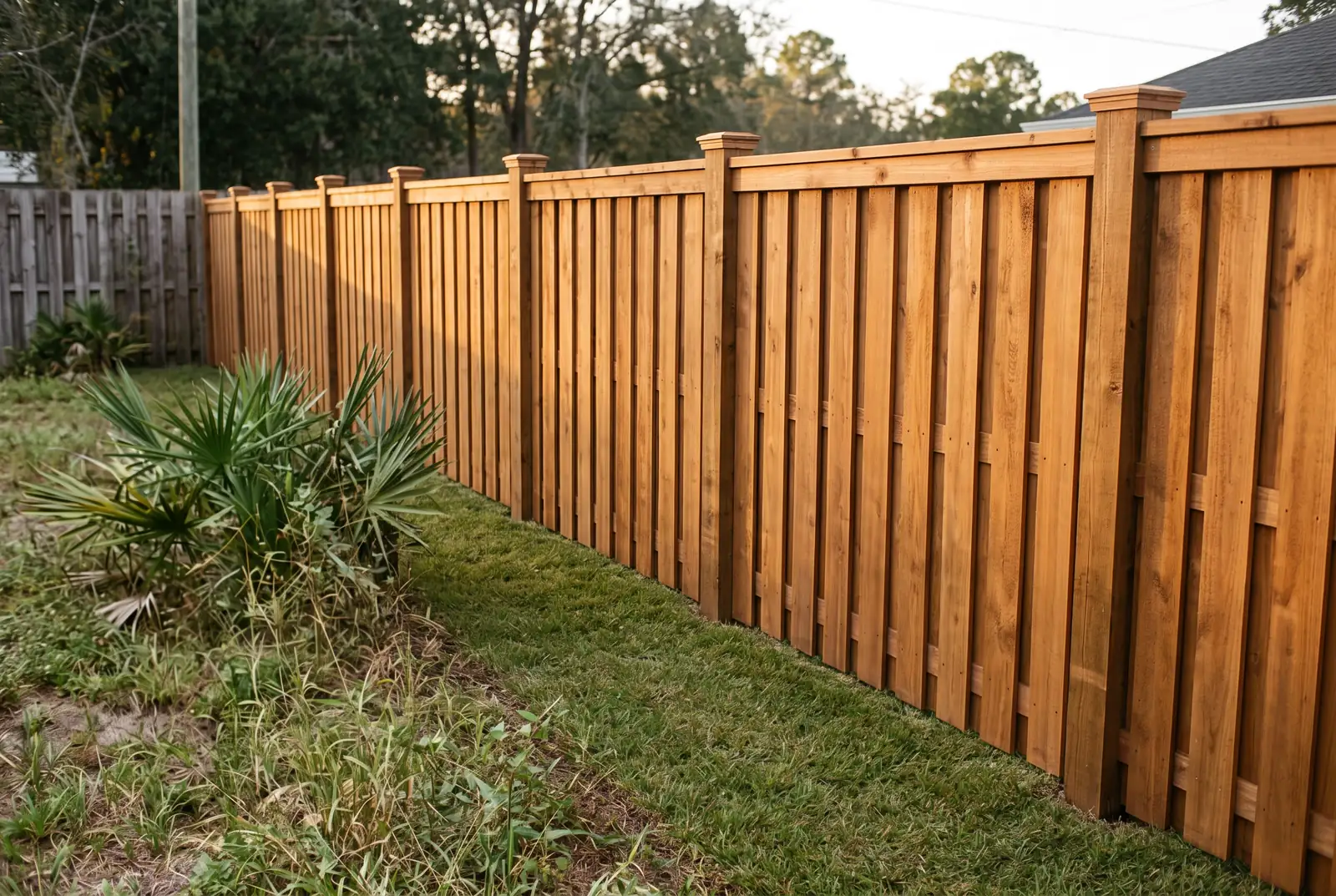 A new cedar privacy fence replacing an old one in an Arlington backyard