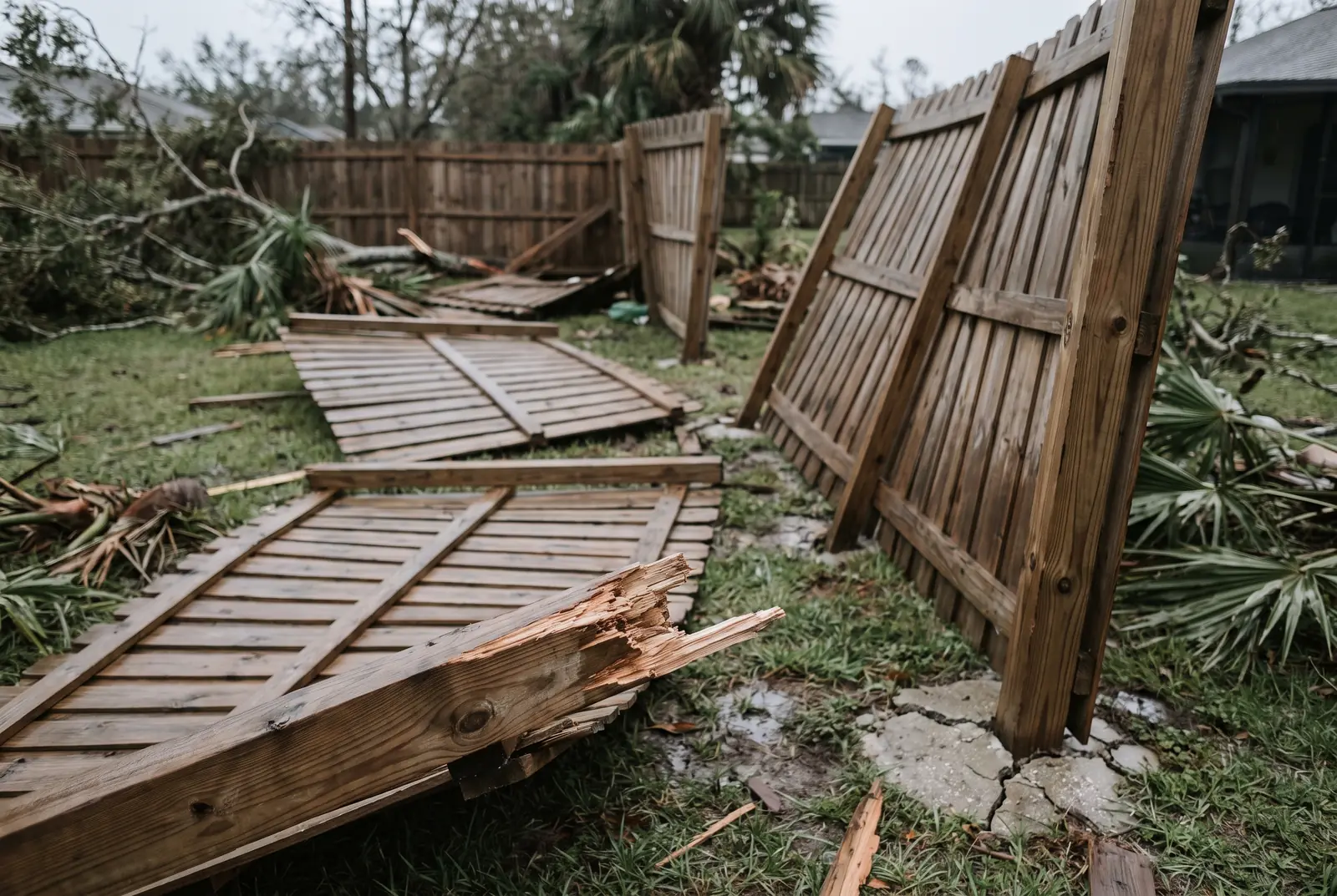 A wooden privacy fence blown flat by a named storm in a Jacksonville backyard